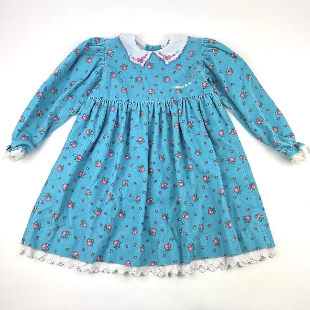 OSHKOSH B'GOSH Corduroy Long Sleeve Dress VTG 90s Floral Blue Kids Youth Girl 6